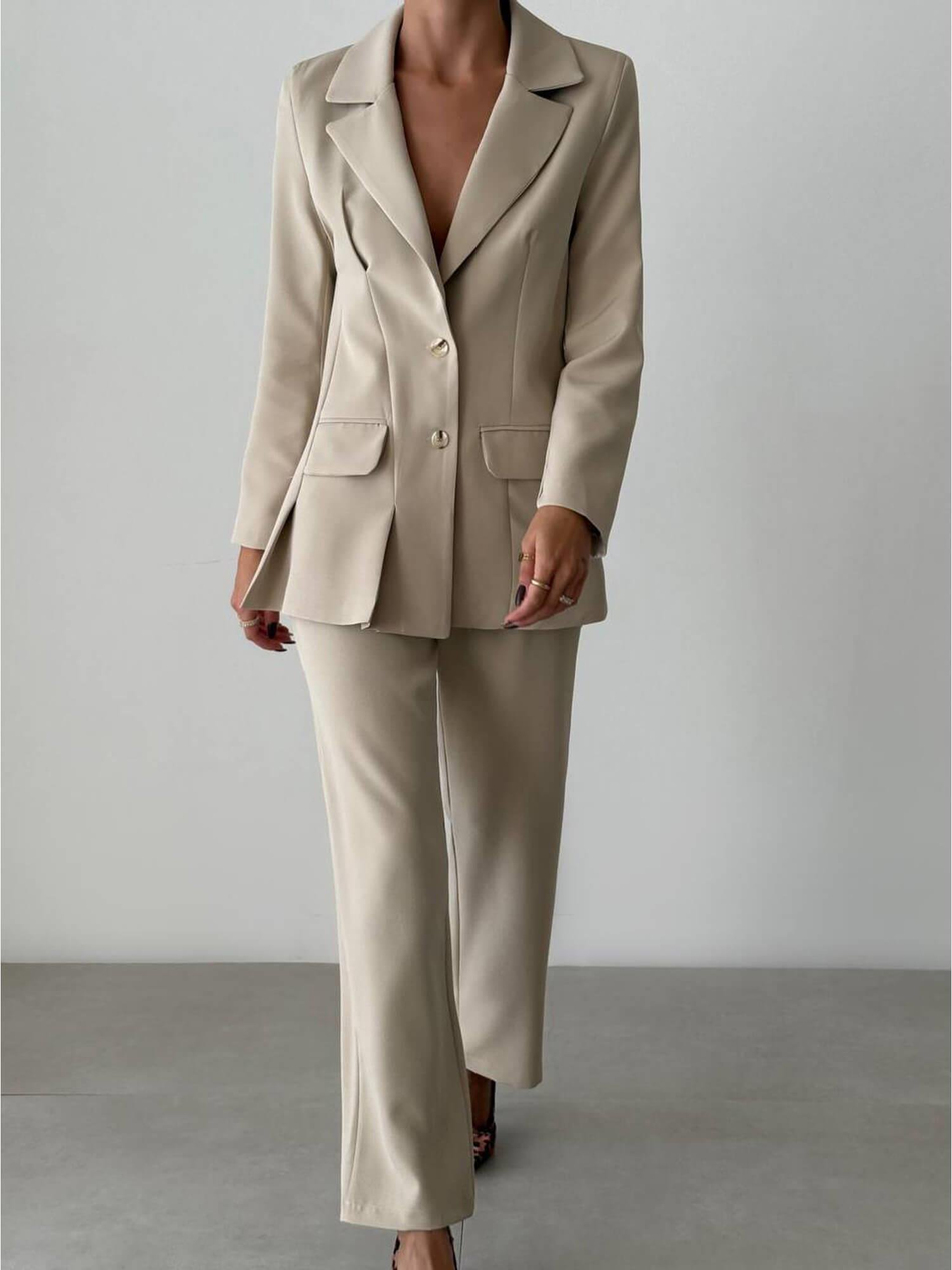 Kapaklı Cep Detaylı Ceket Pantolon Takım 11874 BejCoral