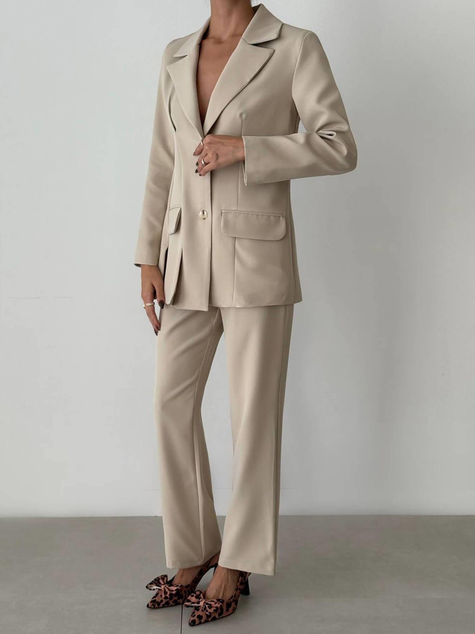 Kapaklı Cep Detaylı Ceket Pantolon Takım 11874 BejCoral