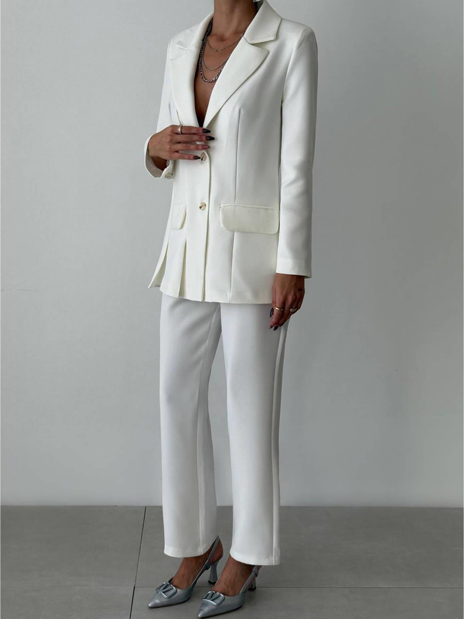 Kapaklı Cep Detaylı Ceket Pantolon Takım 11874 BeyazCoral