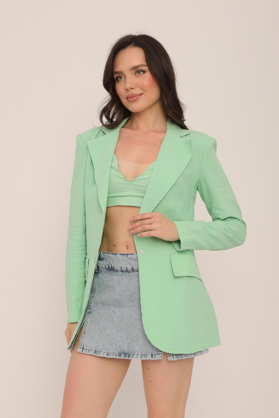 Kapaklı Cep Detaylı Uzun Blazer Ceket Sessiz Yeşil-Coral