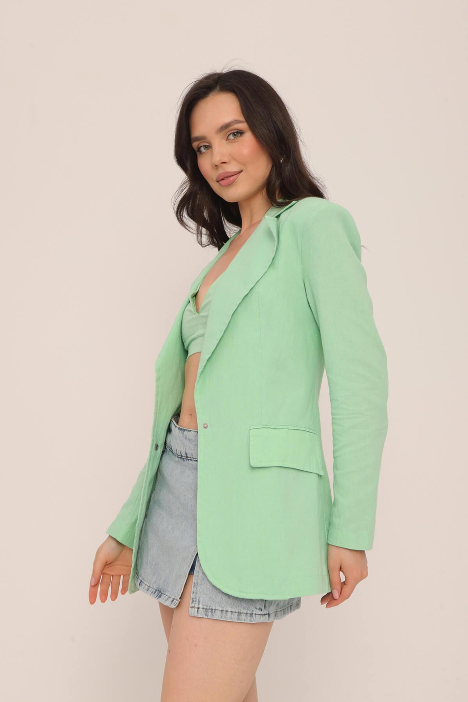 Kapaklı Cep Detaylı Uzun Blazer Ceket Sessiz Yeşil-Coral