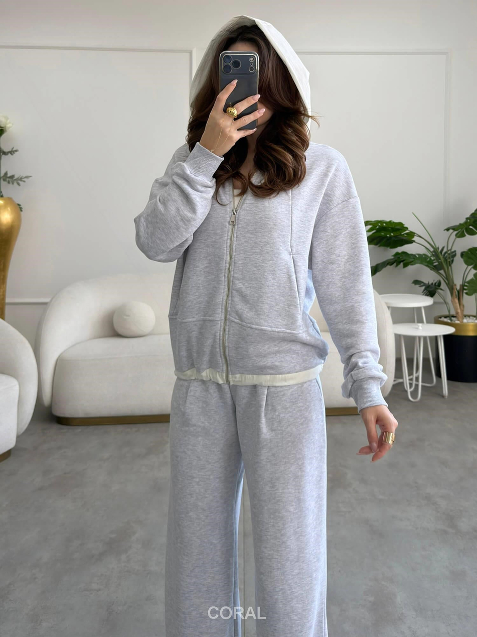 Kapüşon Detaylı Fermuarlı Sweatshirt 19021 GriCoral