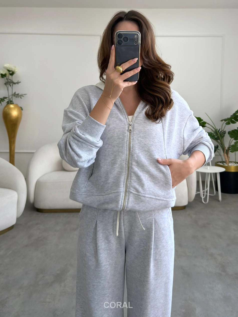 Kapüşon Detaylı Fermuarlı Sweatshirt 19021 GriCoral