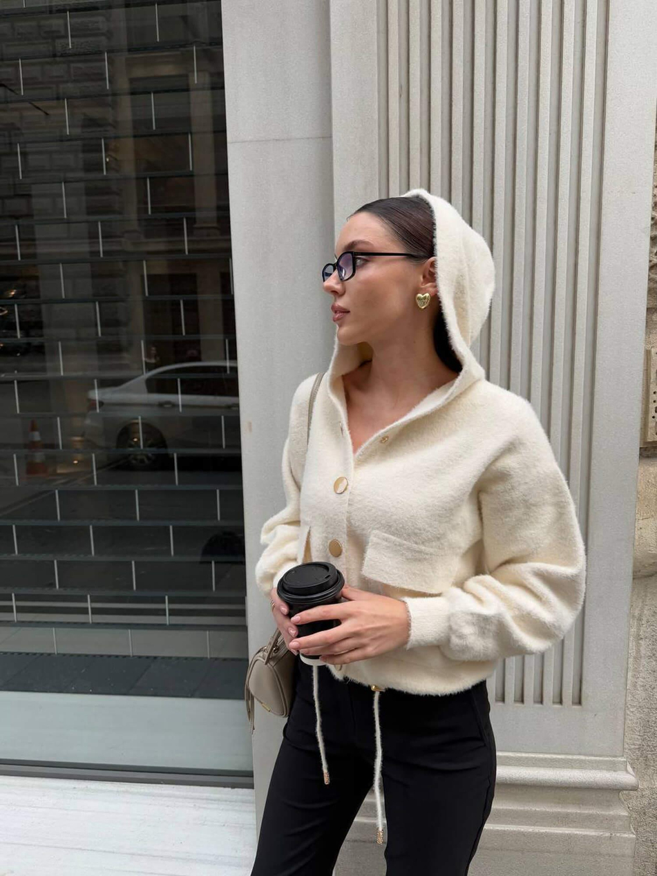 Kapüşonlu Düğmeli Yumoş Hırka 14944 VanilyaCoral