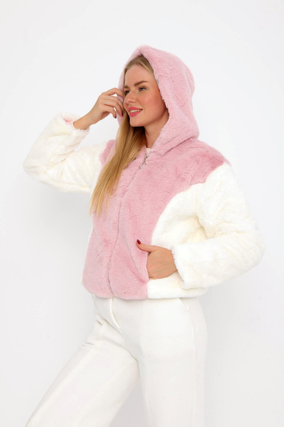 Kapüşonlu İki Renkli Peluş Mont Ekru - Pembe-Coral