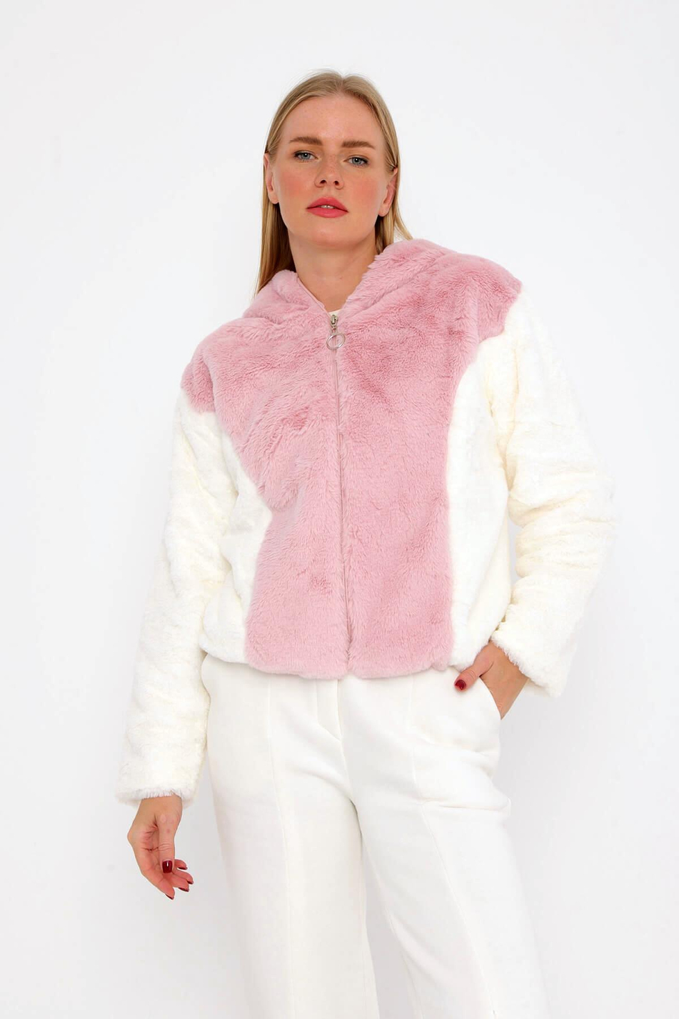 Kapüşonlu İki Renkli Peluş Mont Ekru - Pembe-Coral
