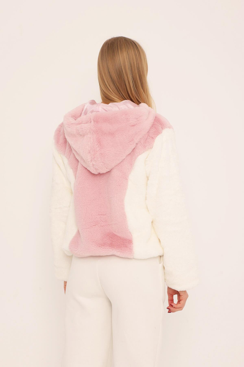 Kapüşonlu İki Renkli Peluş Mont Ekru - Pembe-Coral