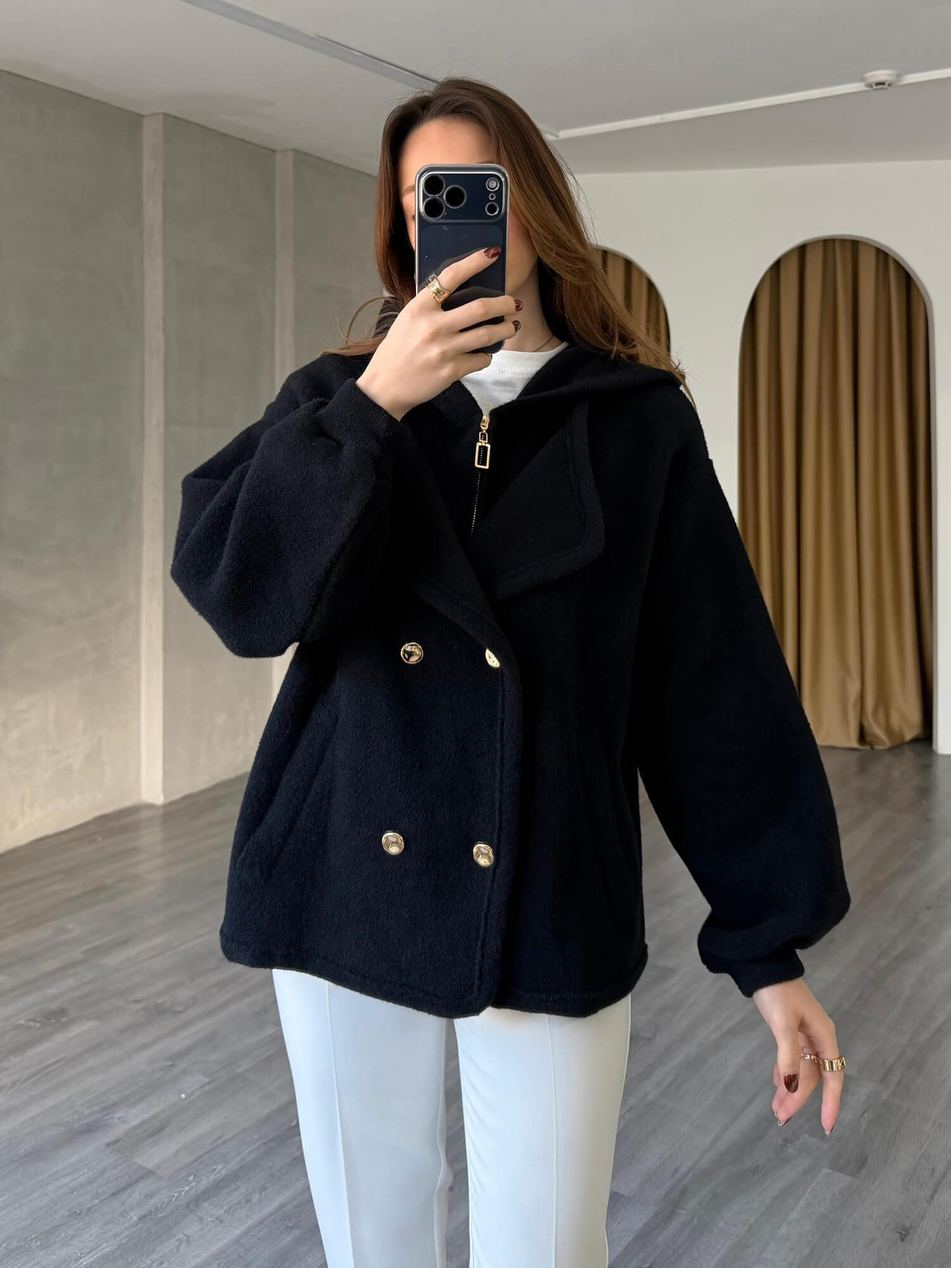 Kapüşonlu Kruvaze Yumoş Hırka 140405 SiyahCoral