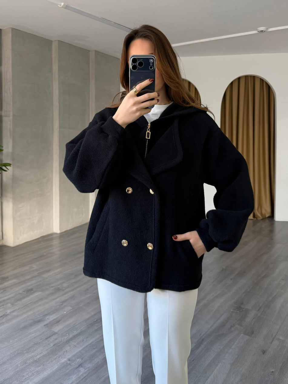 Kapüşonlu Kruvaze Yumoş Hırka 140405 SiyahCoral