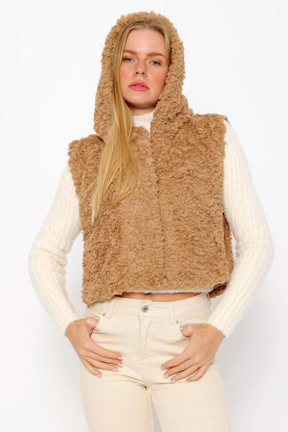 Kapüşonlu Peluş Yelek Antik Vizyon-Coral