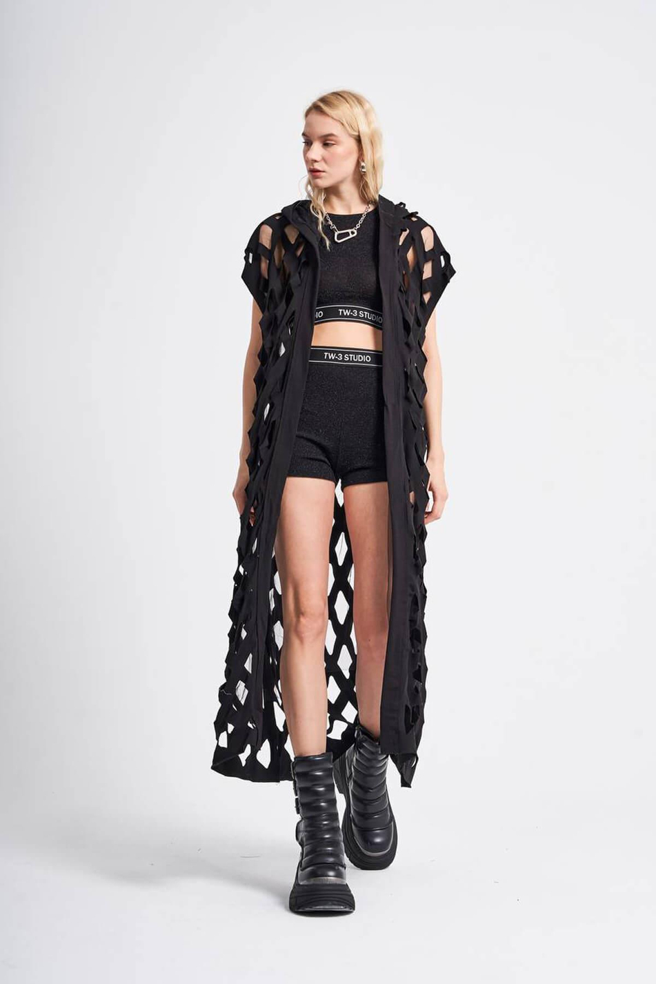 Kapüşonlu Transparan File Kimono Siyah-Coral