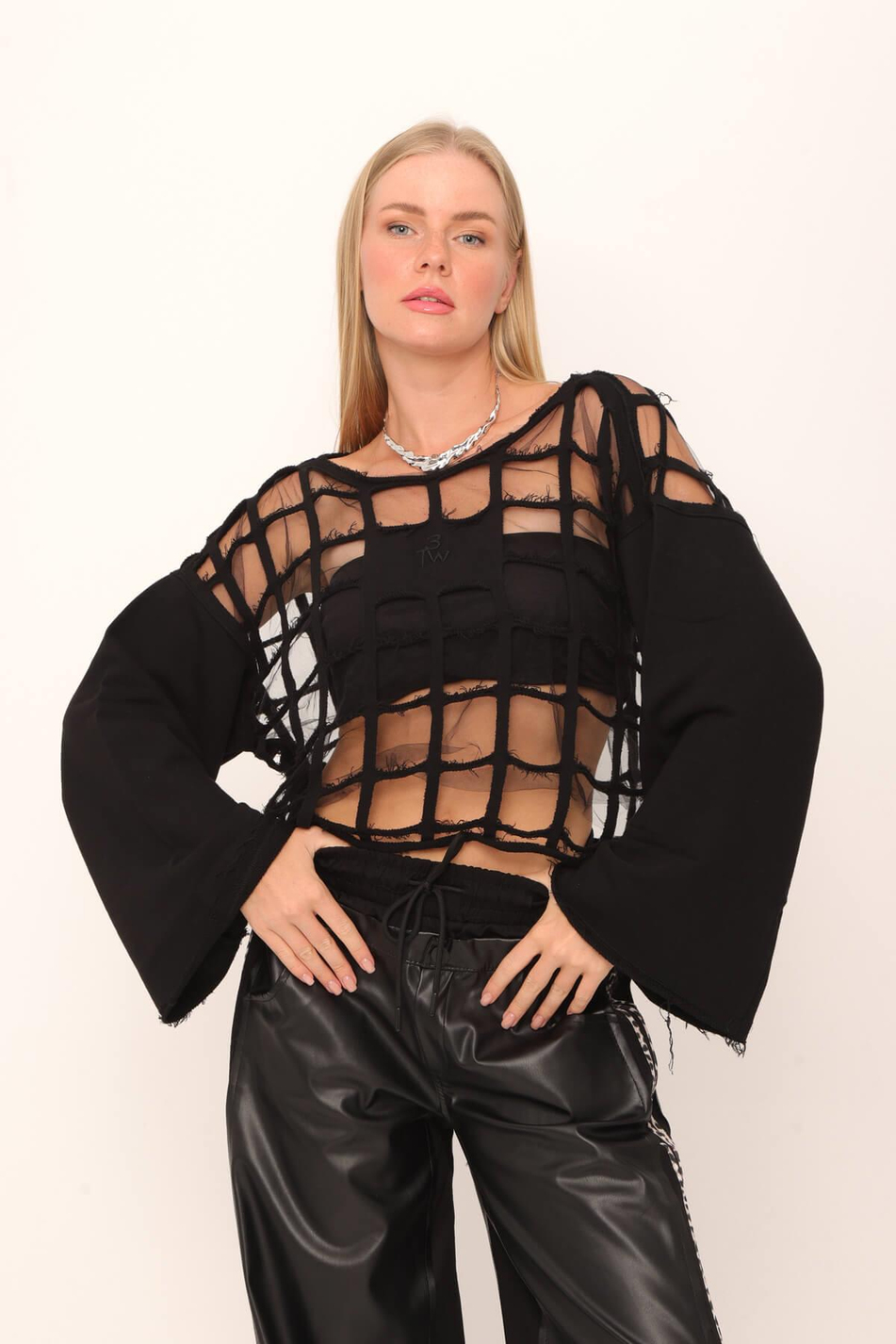 Kare Tül Detaylı Yırtıklı Sweatshirt Siyah-Coral