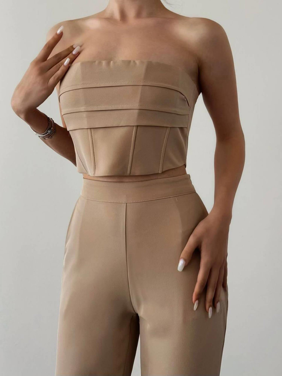 Katlı Straplez Büstiyerli Takım 11722 BejCoral