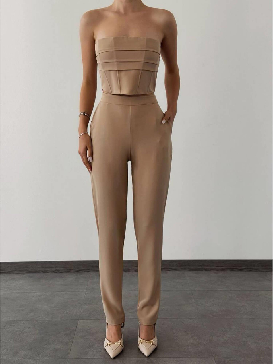 Katlı Straplez Büstiyerli Takım 11722 BejCoral