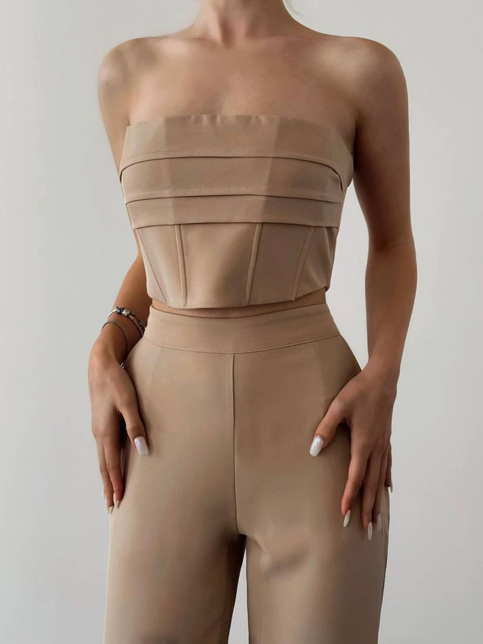 Katlı Straplez Büstiyerli Takım 11722 BejCoral