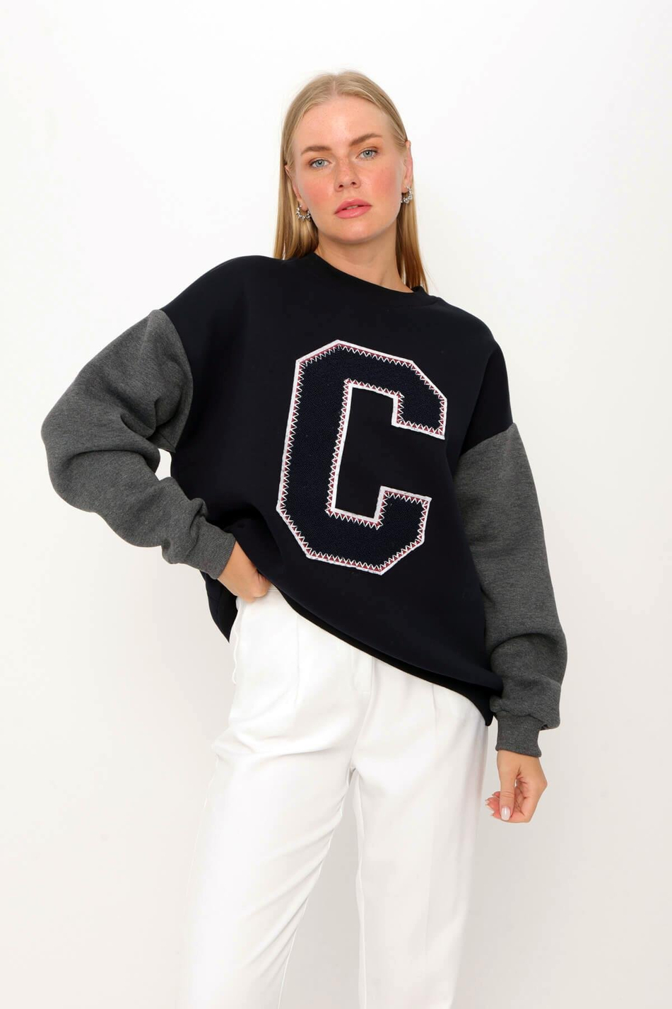 Keçe Detaylı Sweatshirt Lacivert-Coral