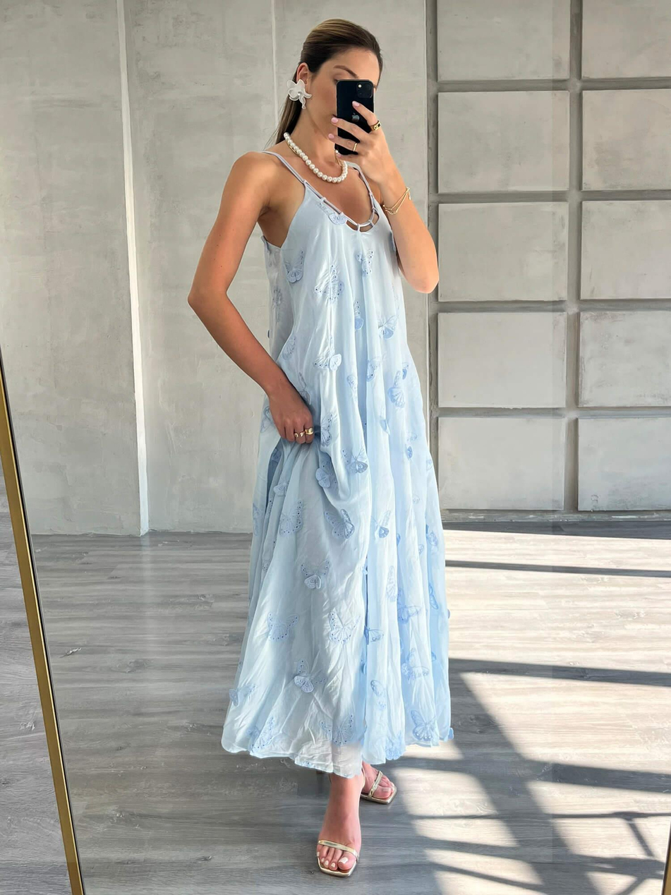 Kelebek İşlemeli İnce Askılı Elbise Mavi-Coral