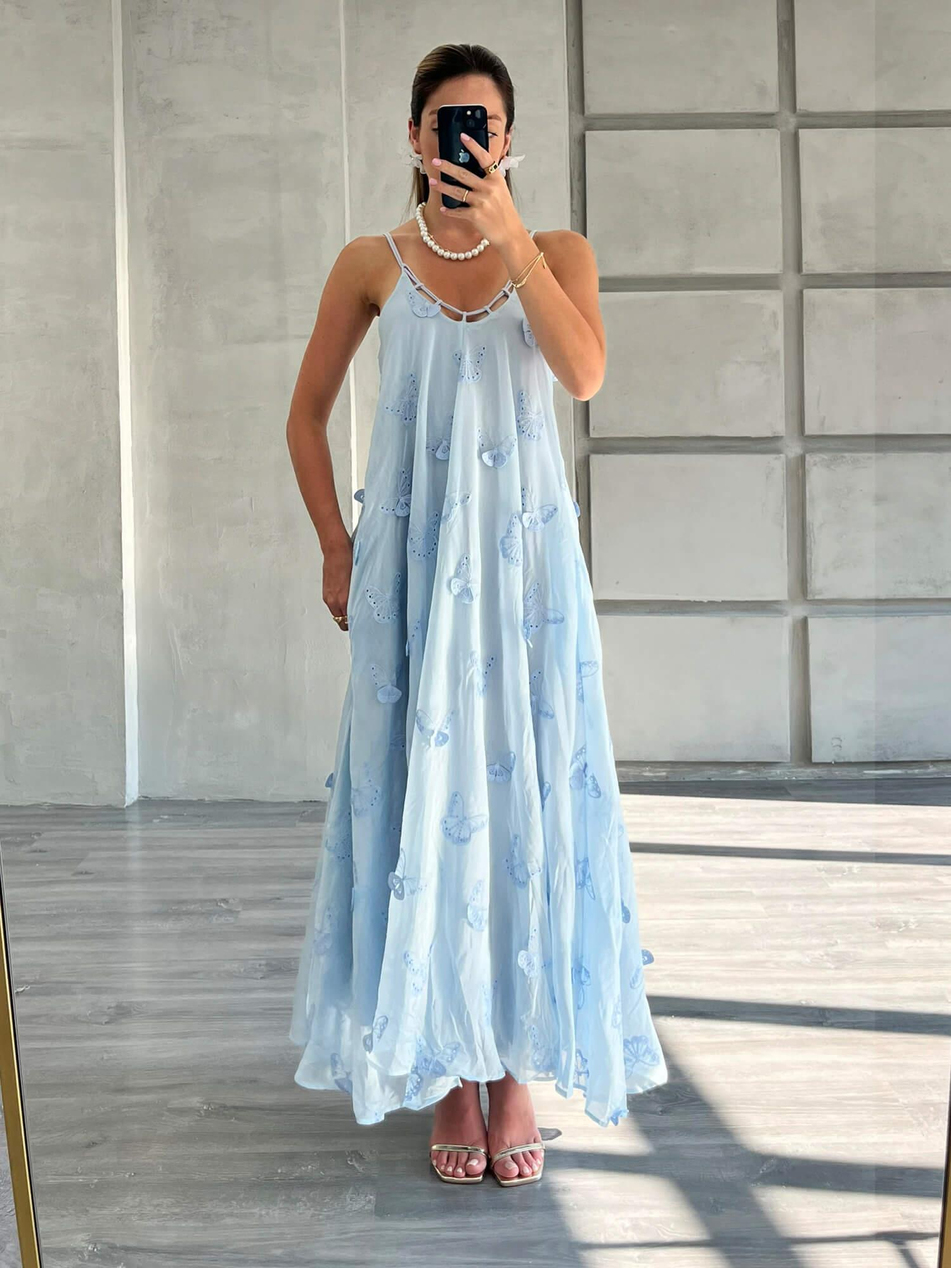 Kelebek İşlemeli İnce Askılı Elbise Mavi-Coral