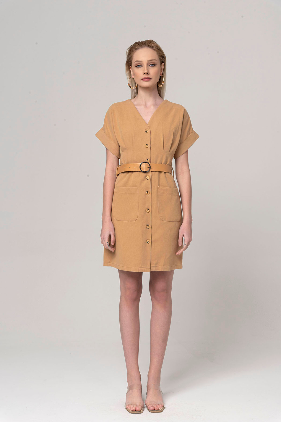 Kemer Detaylı Gabardin Elbise Camel-Coral