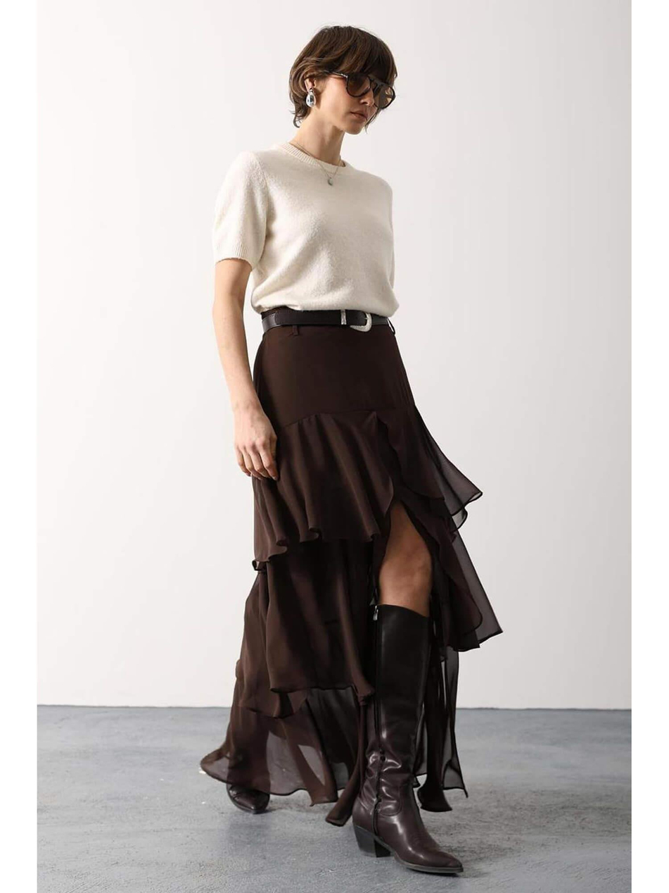 Kemerli Fırfırlı Katlı Etek 37219 KahveCoral