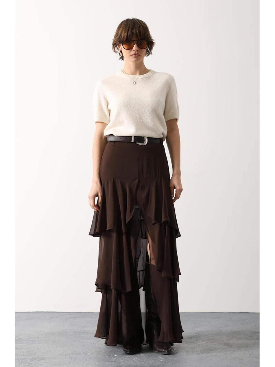 Kemerli Fırfırlı Katlı Etek 37219 KahveCoral