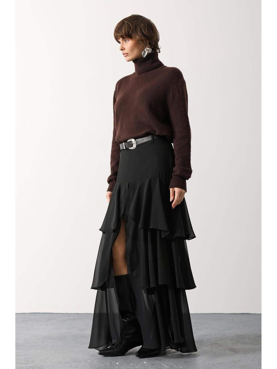 Kemerli Fırfırlı Katlı Etek 37219 SiyahCoral