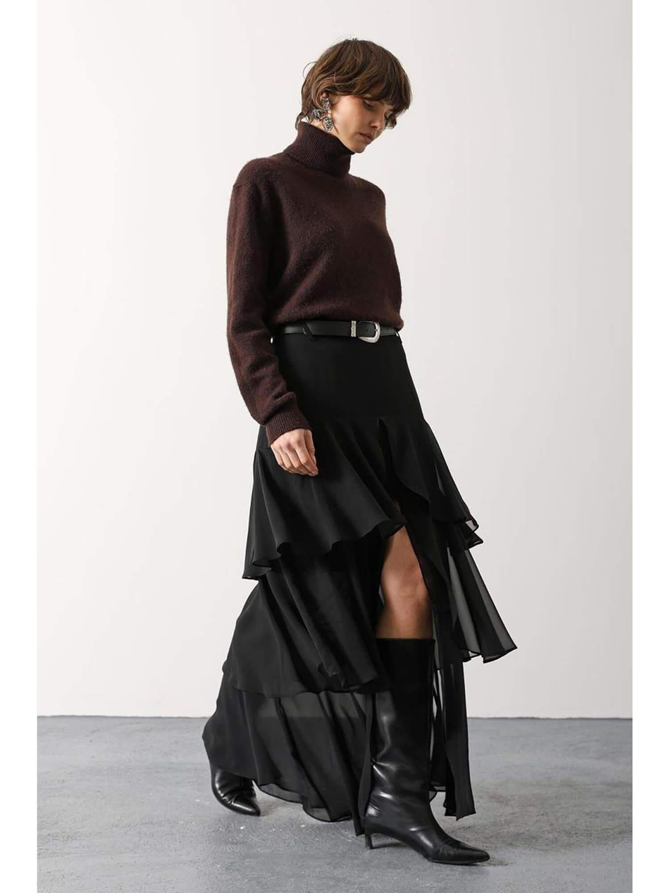 Kemerli Fırfırlı Katlı Etek 37219 SiyahCoral