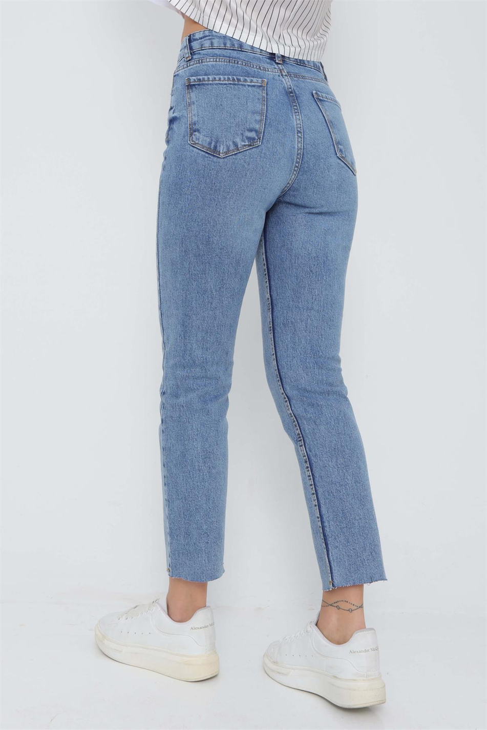 Kesik Paça Kot Pantolon Mavi-Coral