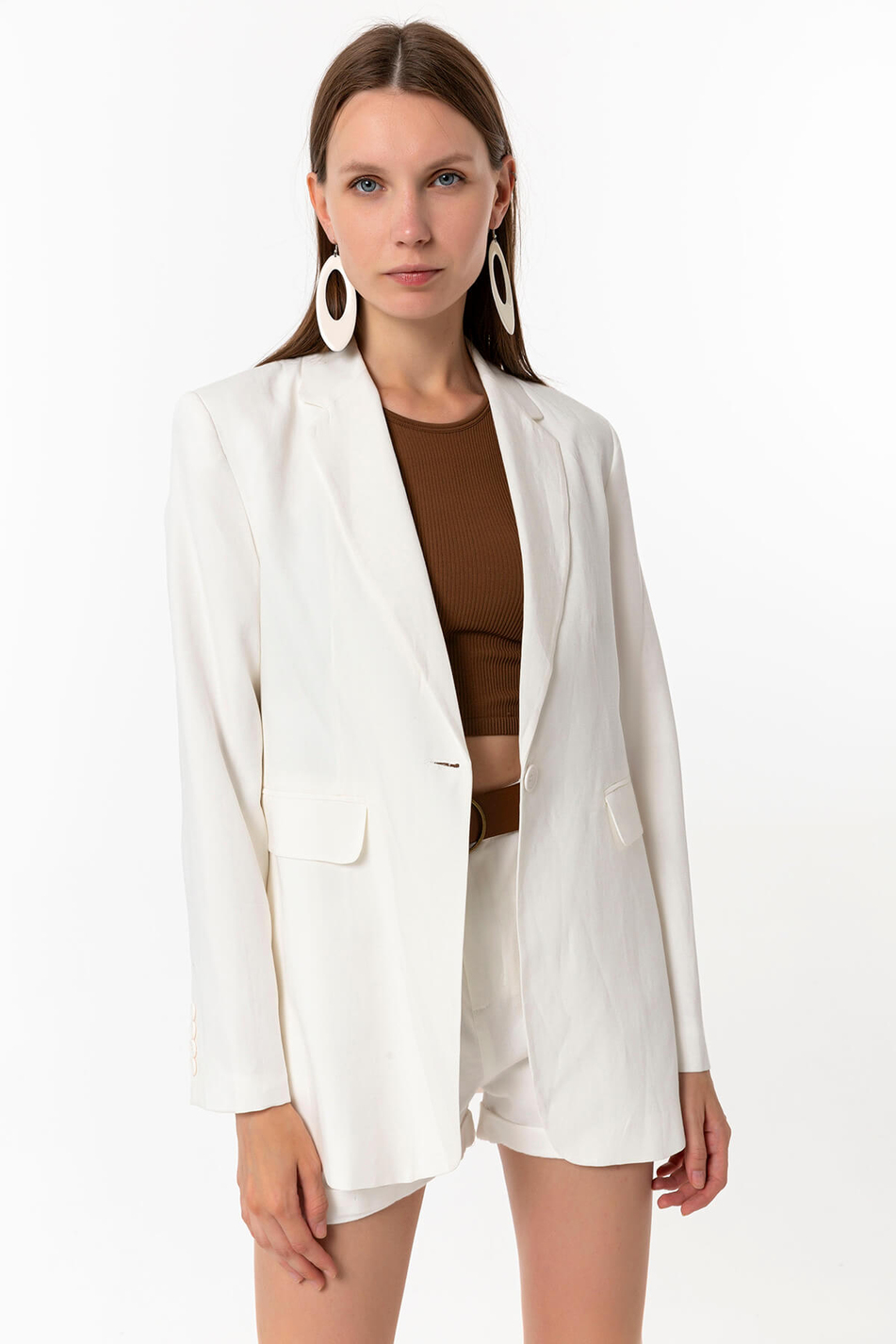 Keten Blazer Ceket Ekru-Coral