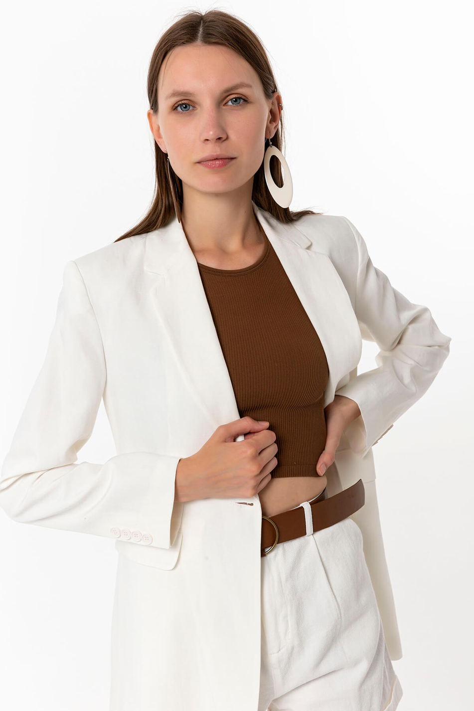 Keten Blazer Ceket Ekru-Coral