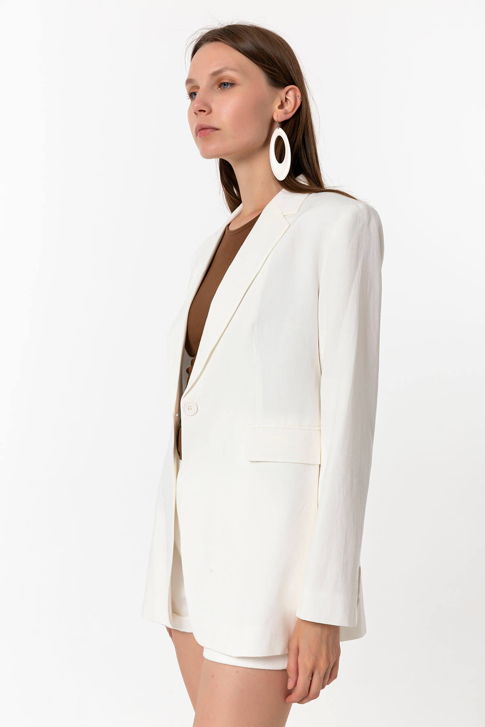 Keten Blazer Ceket Ekru-Coral