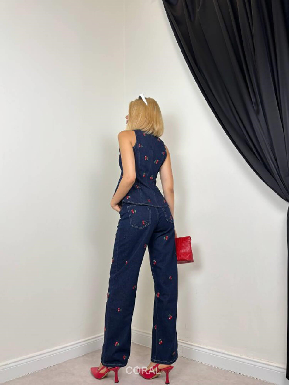 Kirazlı Bluz Pantolon Takım 30144 LacivertCoral