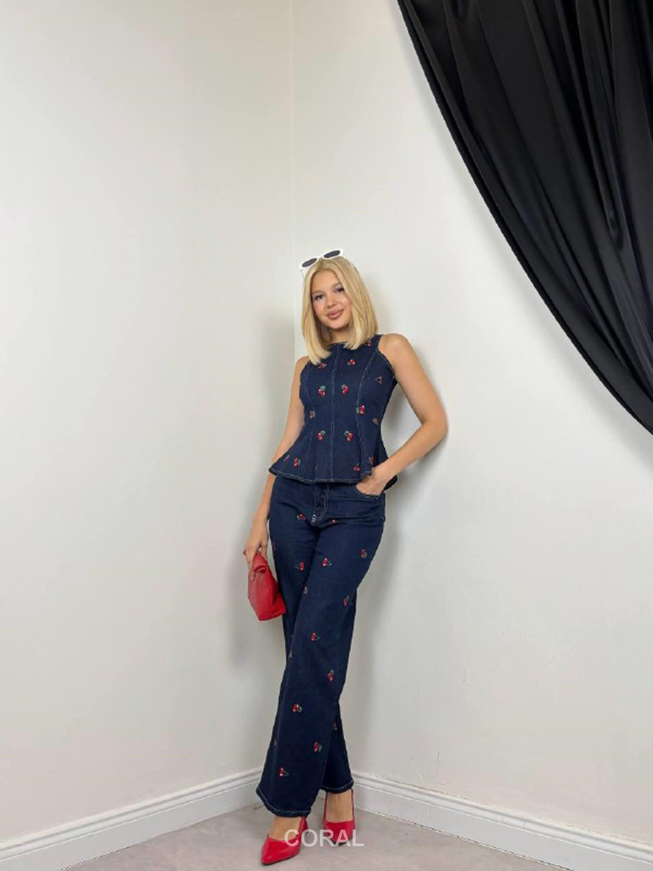 Kirazlı Bluz Pantolon Takım 30144 Lacivert