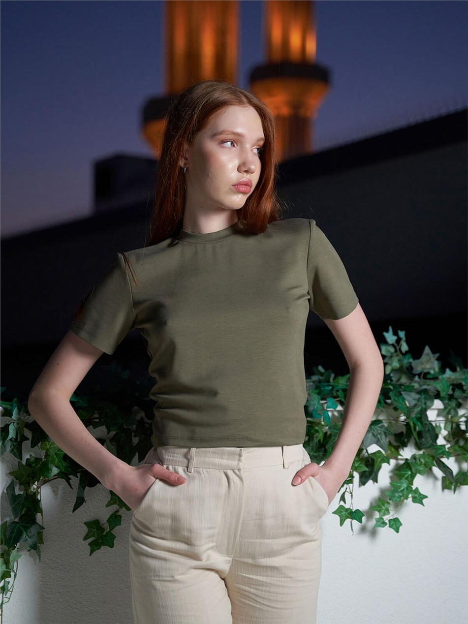 Kısa Kollu Crop Tshırt Haki-Coral