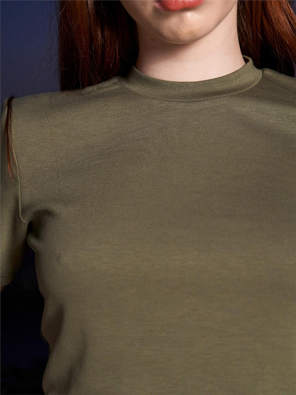 Kısa Kollu Crop Tshırt Haki-Coral