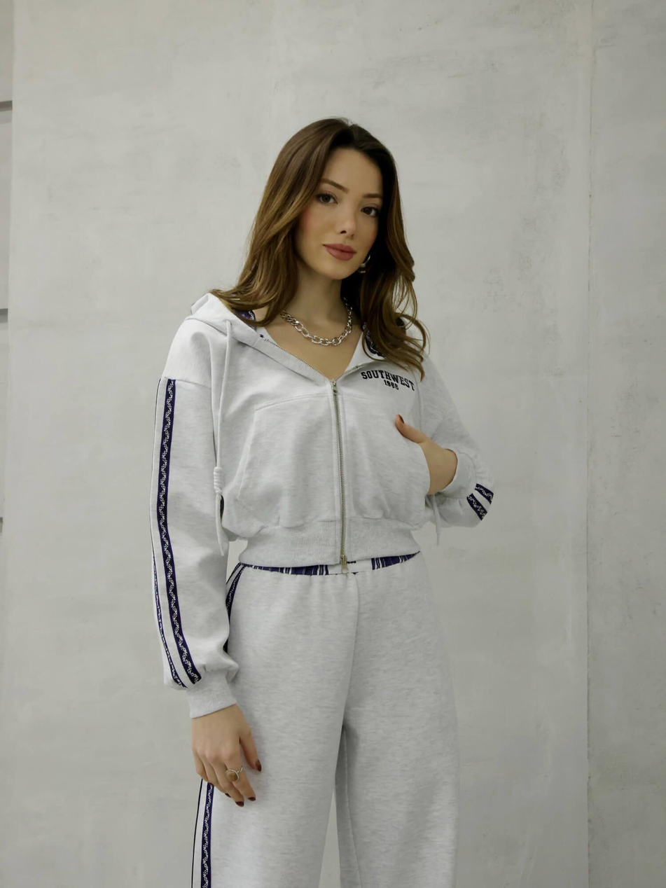 Kolları Şeritli Kapüşonlu Kısa Sweatshirt Swt00810 Gri