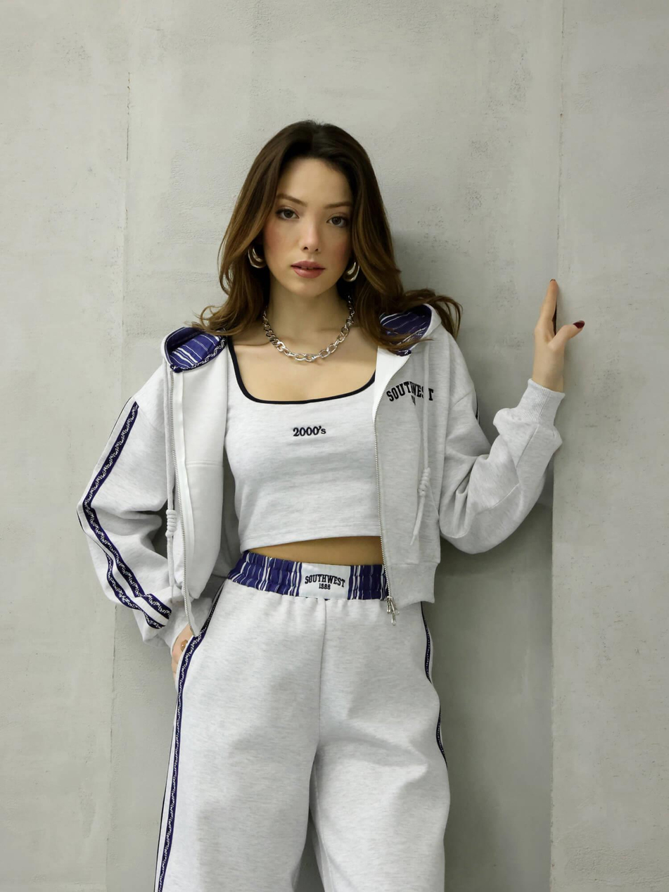 Kolları Şeritli Kapüşonlu Kısa Sweatshirt Swt00810 GriCoral