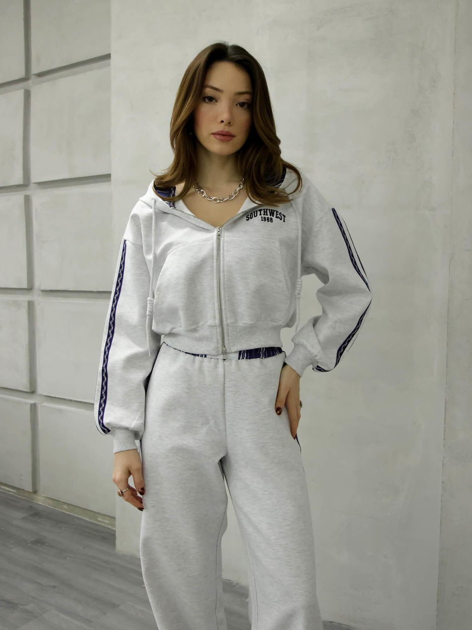 Kolları Şeritli Kapüşonlu Kısa Sweatshirt Swt00810 GriCoral