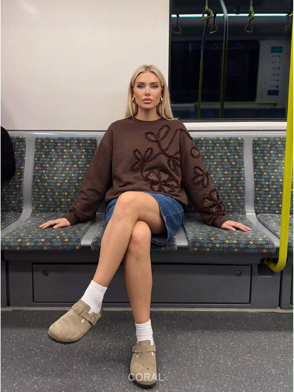 Kolları Ve Önü Nakışlı SweatShirt 5941 KahveCoral