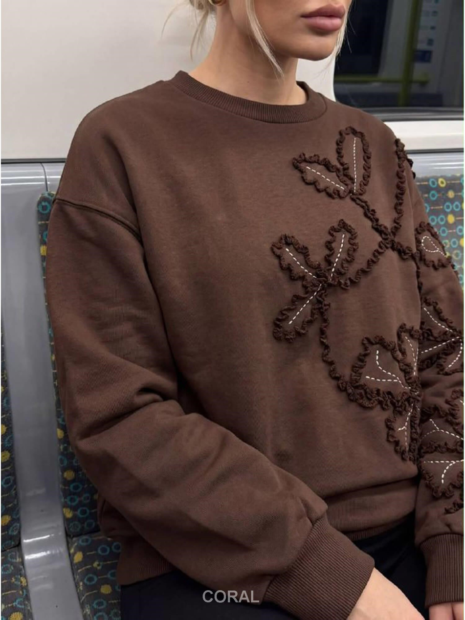 Kolları Ve Önü Nakışlı SweatShirt 5941 KahveCoral