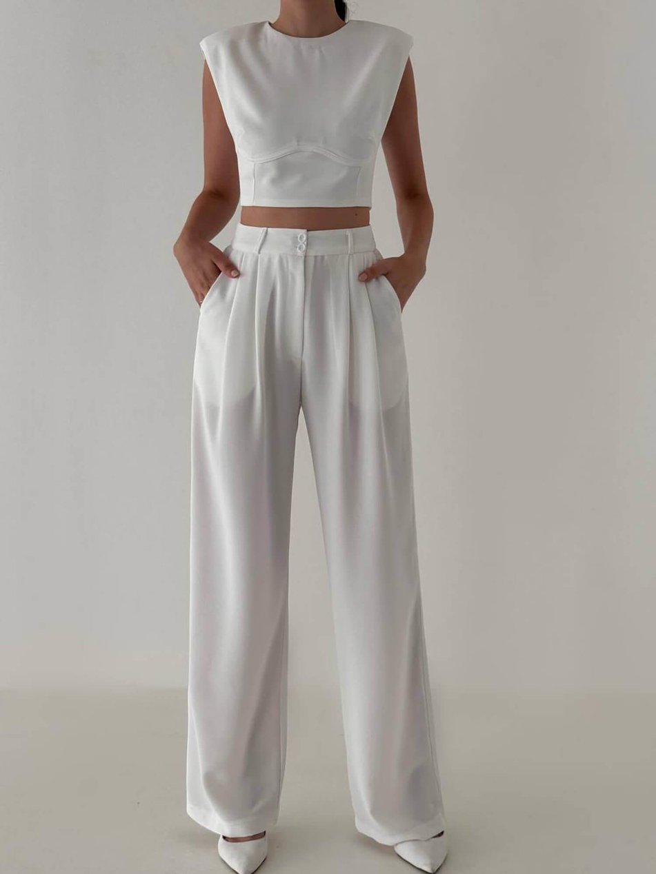 Kolsuz Vatkalı Bluz Pantolon Takım 6011 BeyazCoral