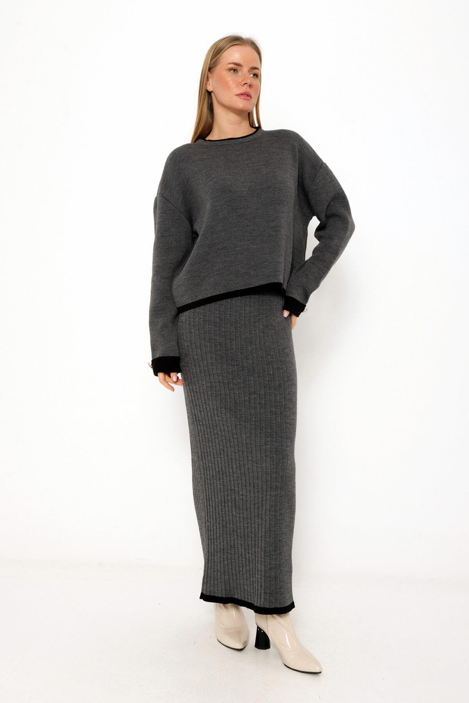 Kolu Düğmeli Etekli Takım Antrasit-Coral