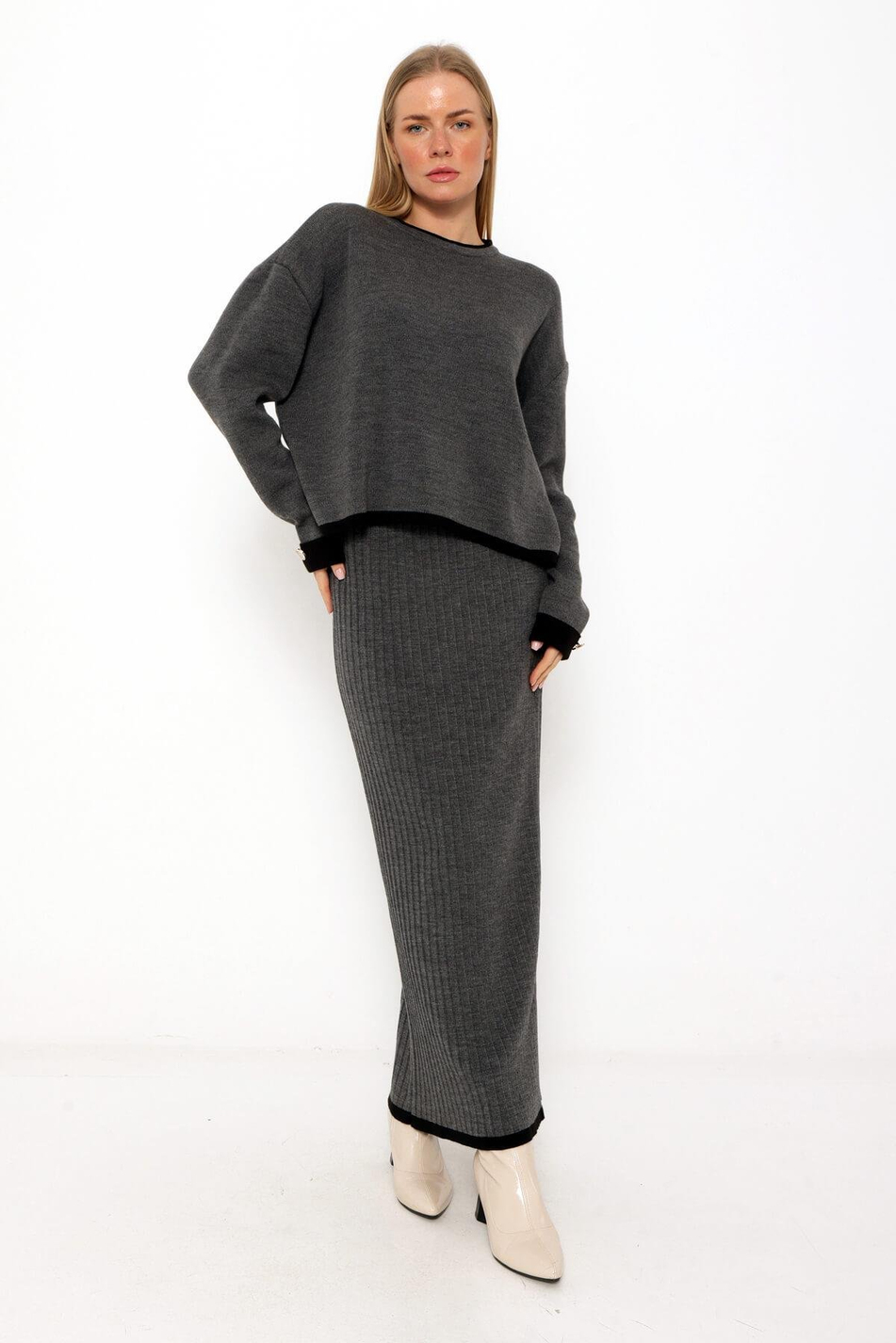 Kolu Düğmeli Etekli Takım Antrasit-Coral