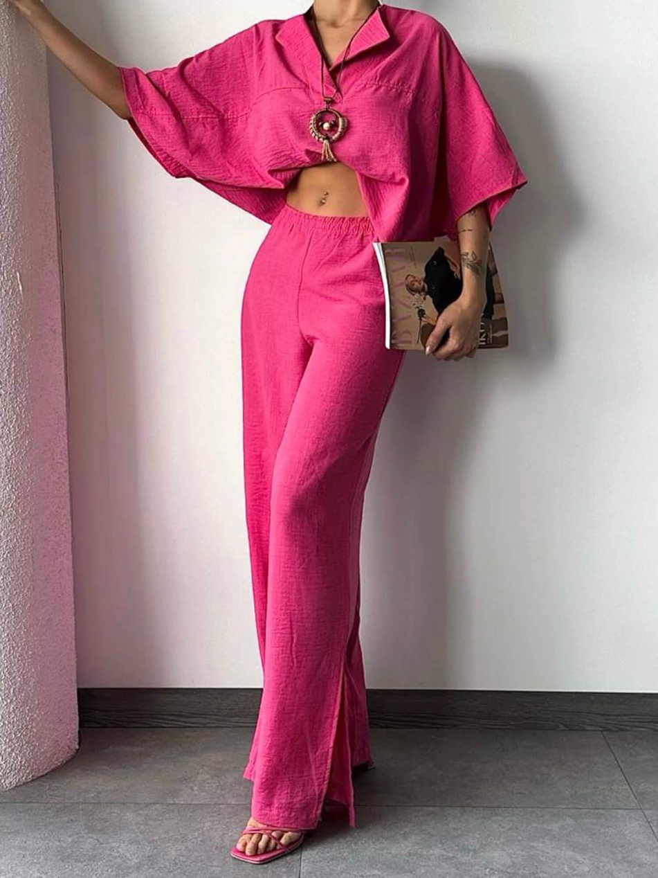 Kolyeli V Yaka Bluz Pantolon Takım Fuşya