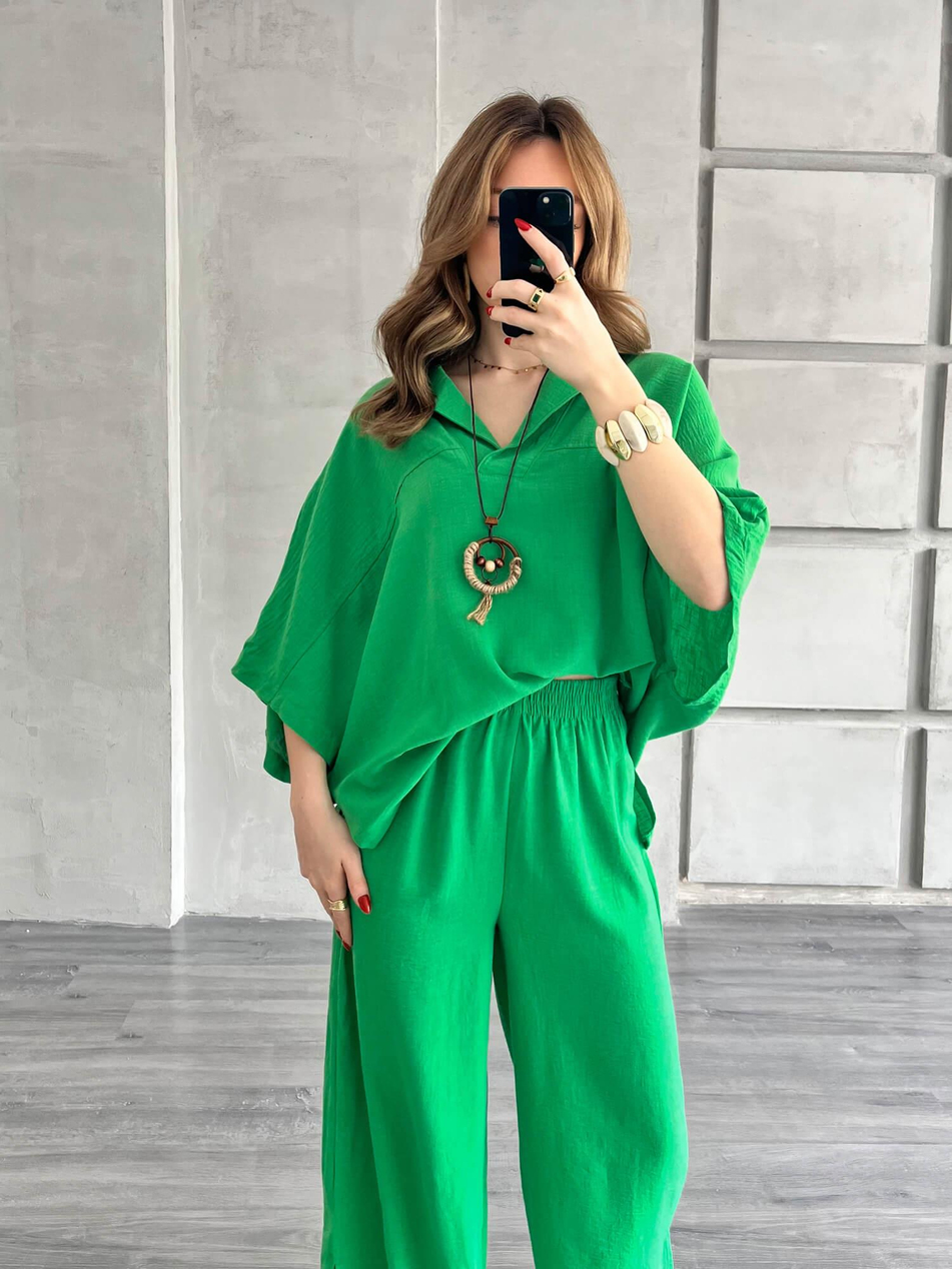 Kolyeli V Yaka Bluz Pantolon Takım Yeşil-Coral