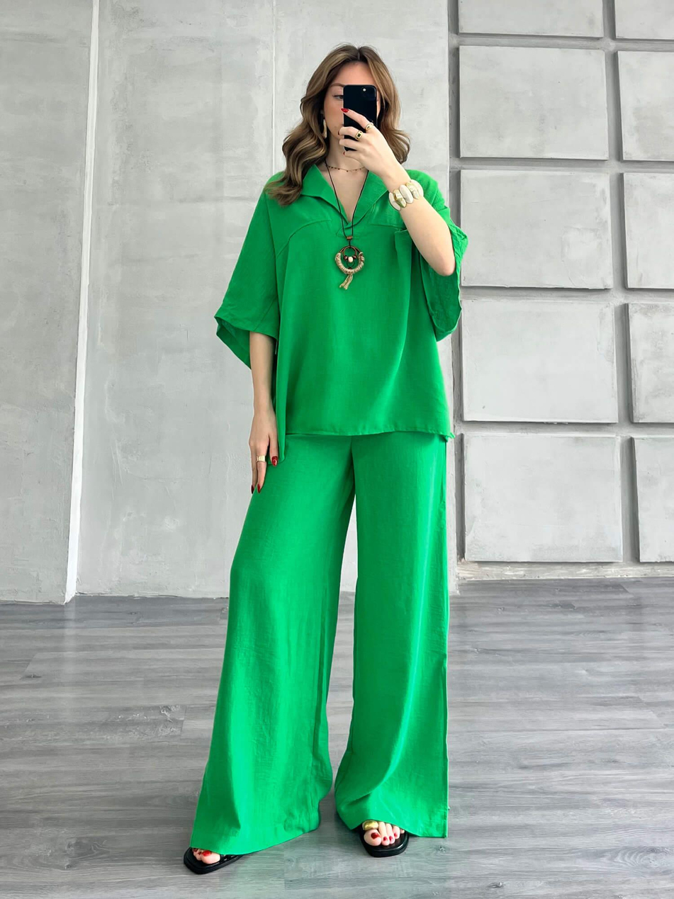 Kolyeli V Yaka Bluz Pantolon Takım Yeşil