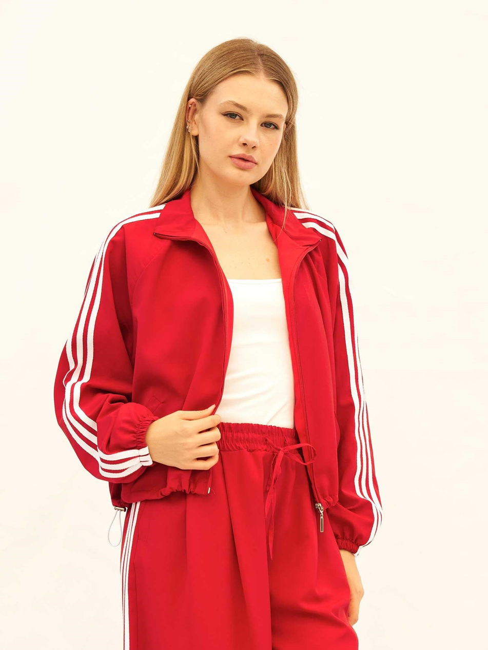 Kontrast Şeritli Fermuarlı Spor Takım 220703 KırmızıCoral