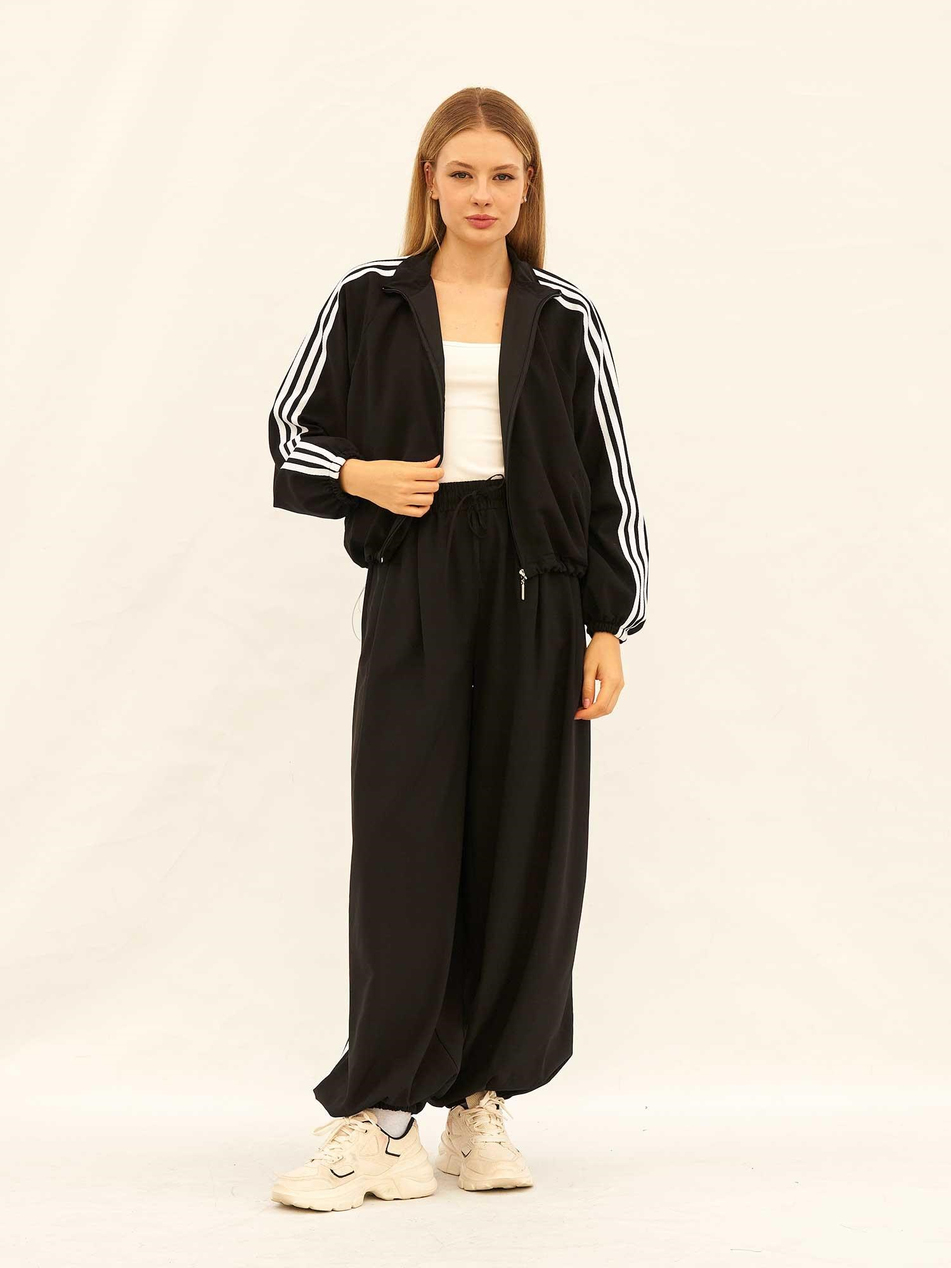 Kontrast Şeritli Fermuarlı Spor Takım 220703 SiyahCoral