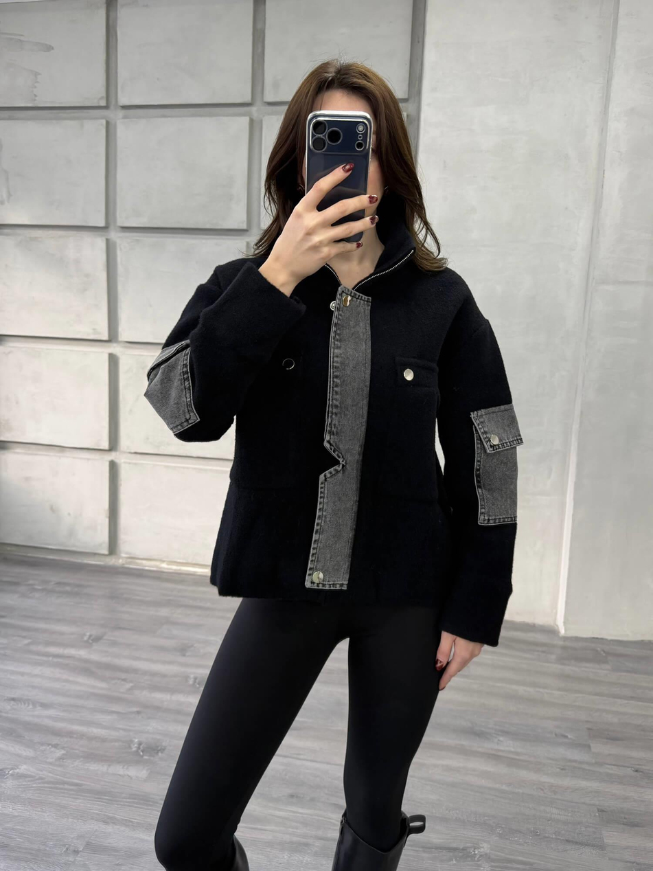 Kot Detaylı Dik Yaka Yumoş Hırka 140422 SiyahCoral