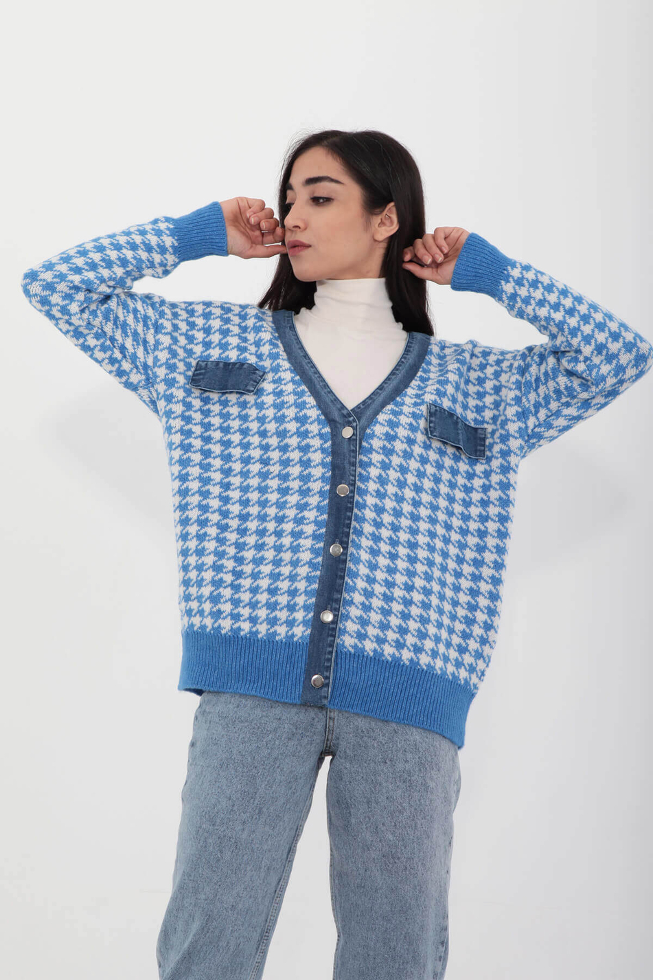 Kot Detaylı Kazayağı Hırka Mavi-Coral